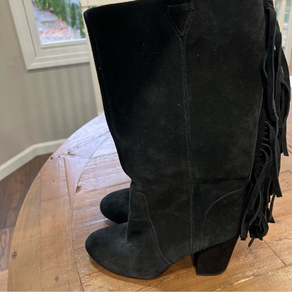 Nine West Black Suede Leather Fringe Mid Calf  Western Heel Pull On Boots Sz 7.5 - Picture 10 of 12